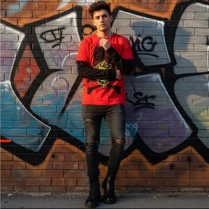 CROSS BONES LONG SLEEVE RED SHIRT MEN'S MEDIUM NEW